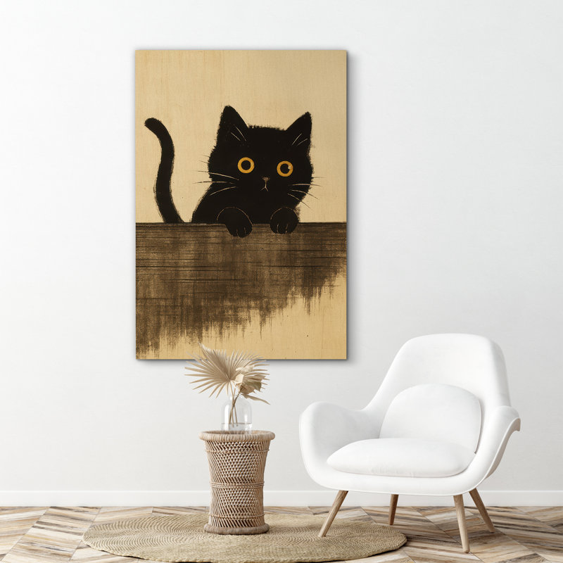 «Curious Black Cat with Yellow Eyes Art», reproduction d'art sur toile encadrée, H 48 po x l 32 po x P 1,5 po, Toile tendue