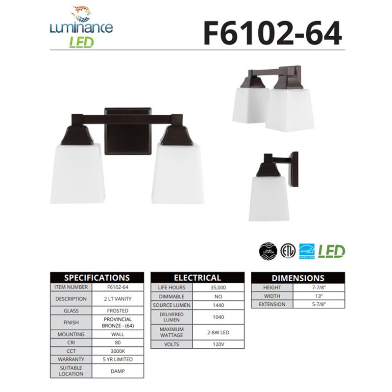 2 - Light LED Vanity Light, Bronze