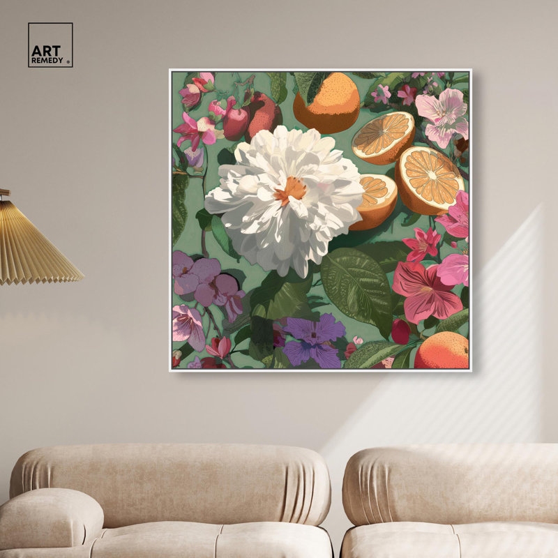 «Blooming Flowers and Citrus Green», reproduction d'art sur toile par Art Remedy, cadre blanc, 12 x 12, H 13 po x l 13 po