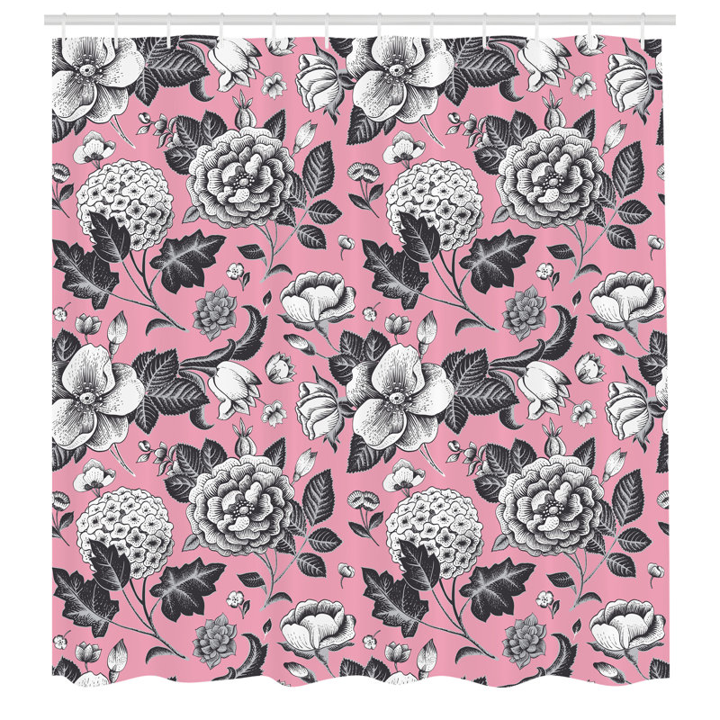 Floral Pink and Black Fabric Shower Curtain with Hooks