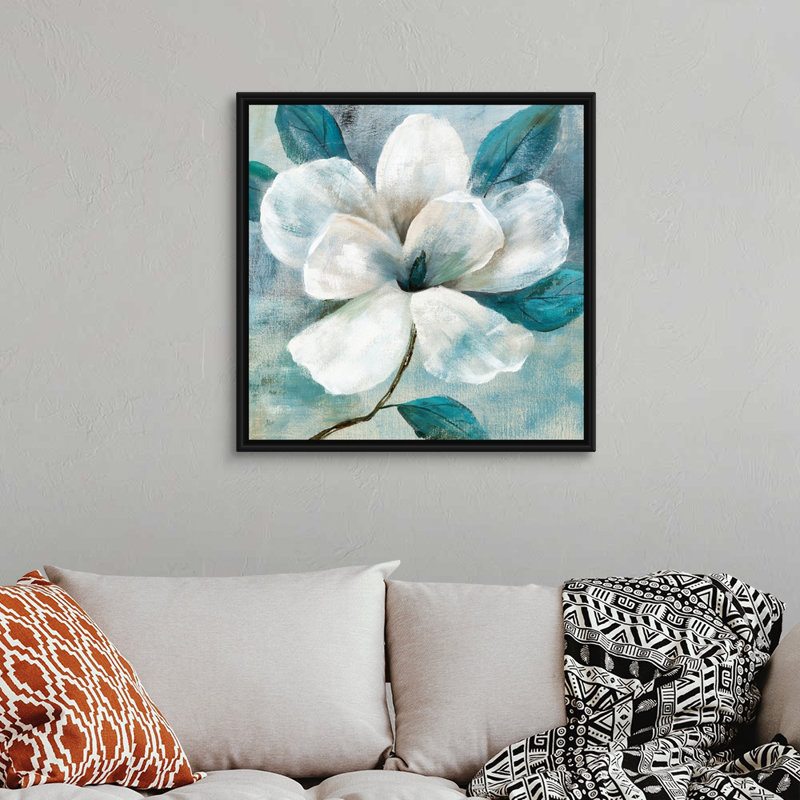 Art mural bleu sarcelle Magnolia I, Cadre noir, H 30 po x l 30 po x P 1,25 po