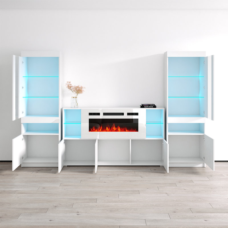 Camberlynn 110.2" Modern Entertainment Center with Electric Fireplace, High Gloss Finish, Media Storage, White
