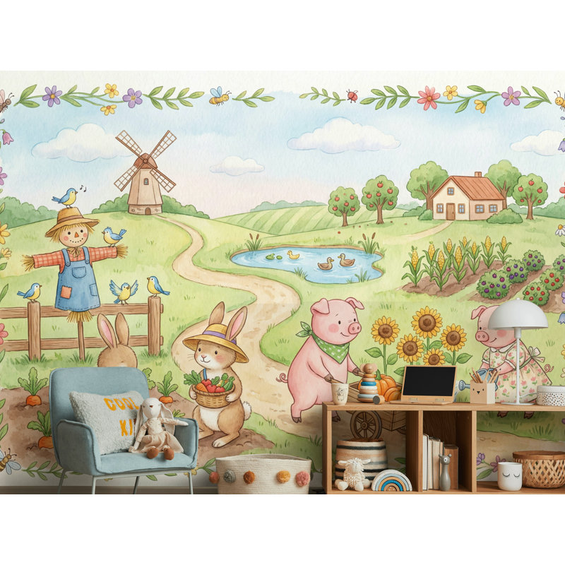 Papier peint animaux fantaisistes campagne, L: 190 po x H: 108 po, Peler et coller