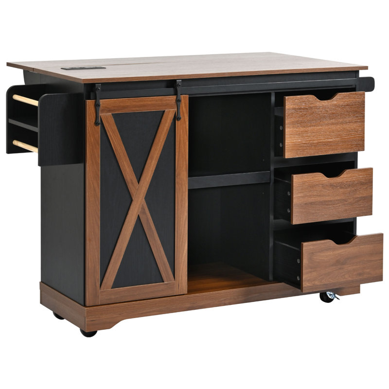 55.5" Farmhouse Kitchen Island With Electrical Outlet, Folding Leaf, Spice Rack And Drawers, Rolling Kitchen Cart With Barn Door, Rustic Storage Island For Home And Dining Room