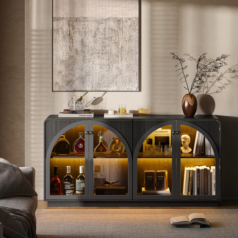 4-door Sideboard Cabinet, Black With 2 Shelves, Arched Glass Door Fronts, Black