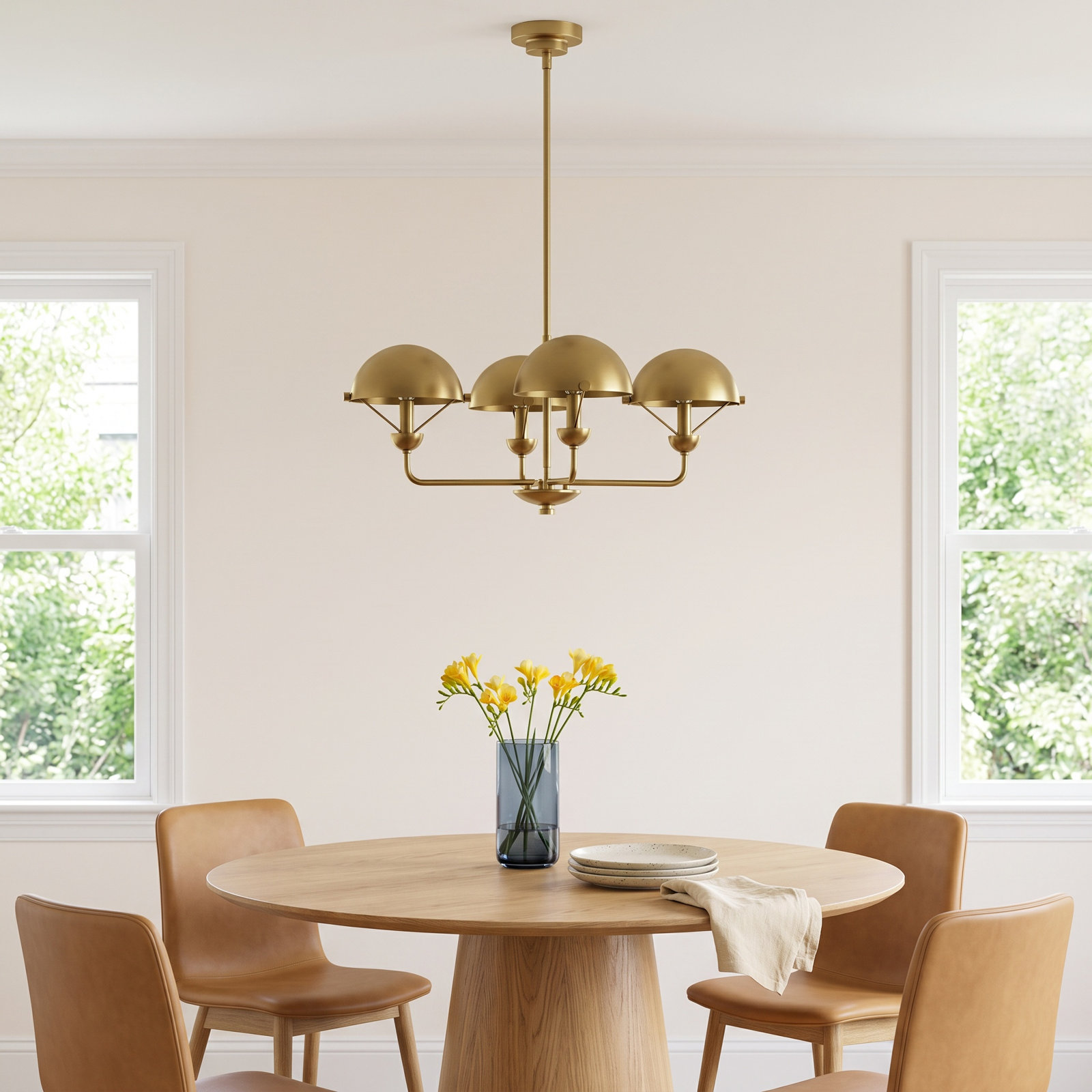 Iron 4-Light Chandelier, Antique Brass Finish/Antique Brass Metal Shade