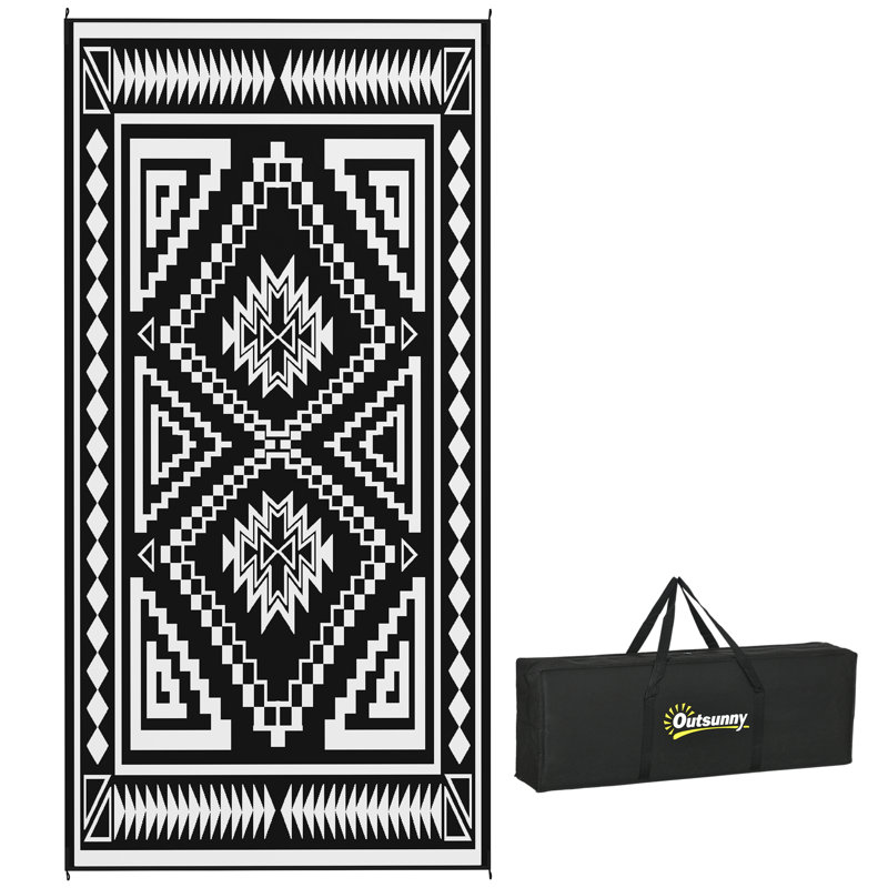 Reversible Outdoor Rug, 9' x 18' Waterproof Plastic Straw Floor Mat, Portable RV Camping Carpet, Large Floor Mat for Backyard, Deck, Picnic, Beach, Black & White Square Patchwork