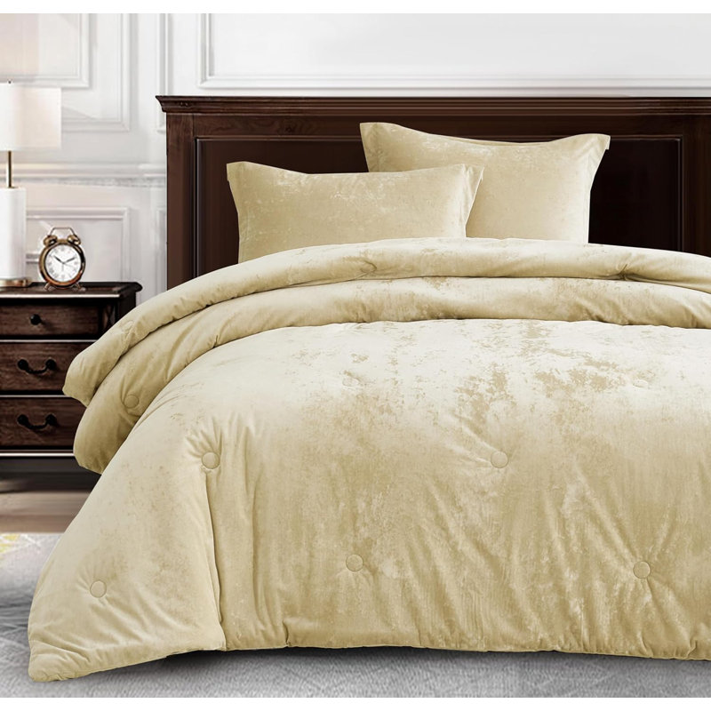 Lux Distressed Velvet Reversible Comforter Set, Queen Comforter + 2 Standard Shams, Beige
