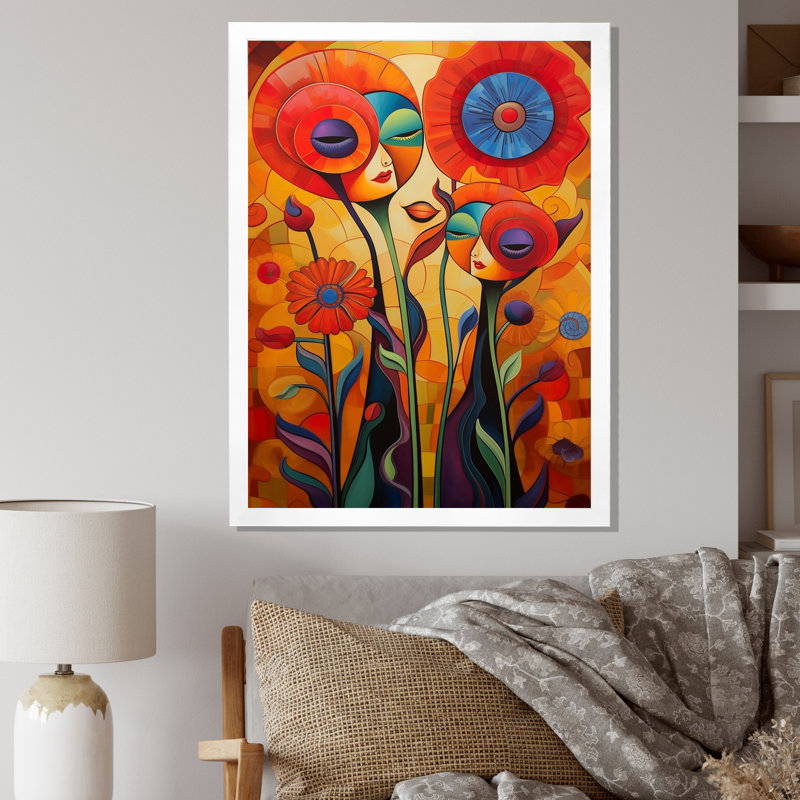 «Cat Portrait Blossoming Retro Red Poppies», reproduction sur toile, H 32 po x l 16 po x P 1 po, Cadre simple blanc