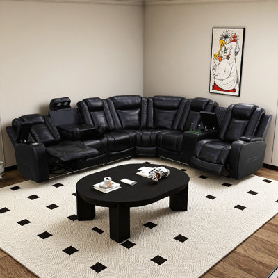 L'ensemble de canapé inclinable électrique 3 pièces Obsidian Tech-Luxe - Siège de cinéma en cuir respirant avec recharge sans fil, ports USB, console de rangement et éclairage ambiant à DEL