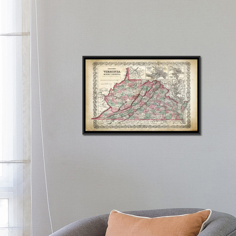 «West Virginia Map», impression sur toile, H 18 po x l 26 po x P 1,5 po, Pas de tapis, Toile avec cadre noir