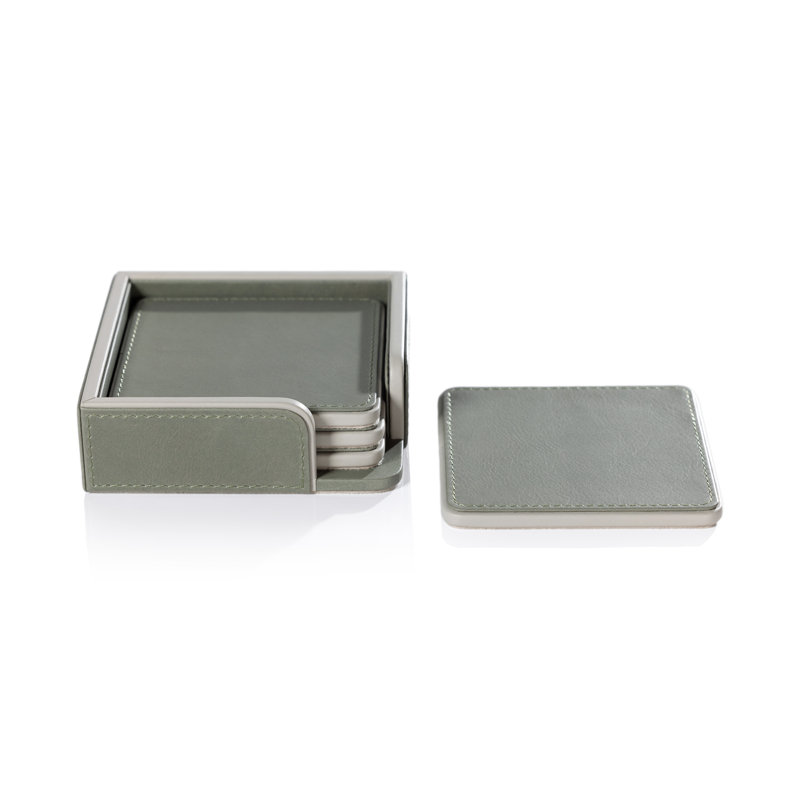 Nappa Leather 4-Piece Coaster Set on Tray, Sage & Gray