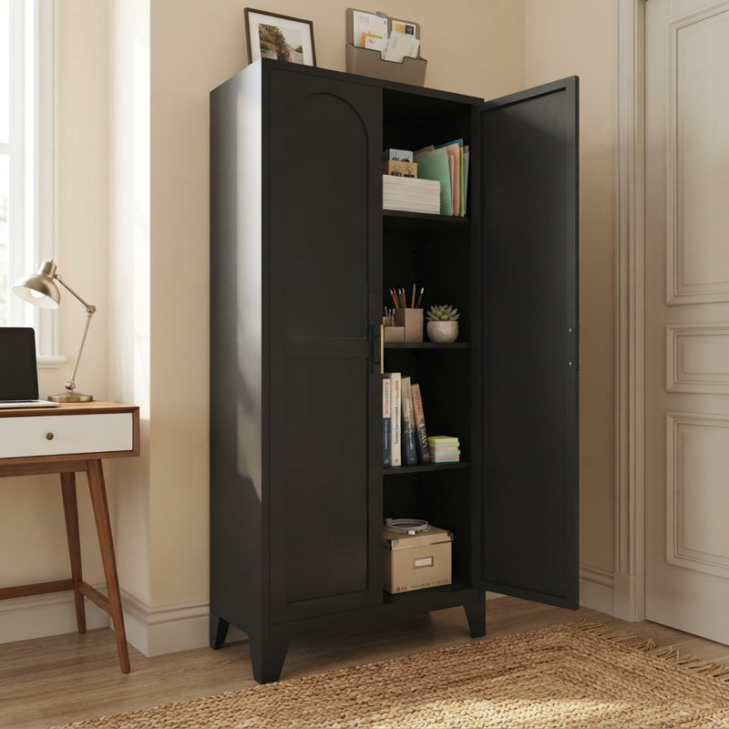 Armoire de rangement en acier noir de 155 cm (61 po) avec étagères réglables et portes doubles cintrées pour garage, buanderie ou salle à manger