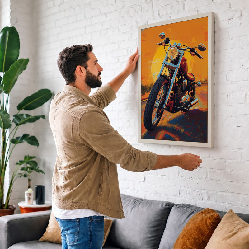 Motorcycle at Sunset Retro - Wrapped Canvas, 18x12 - 45.7 x 30.5 cm, Terracotta Border