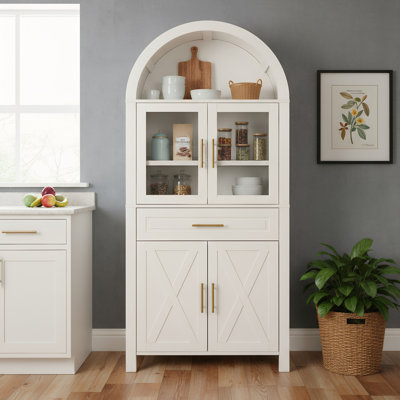 Armoire garde-manger arquée de 71 po de hauteur avec porte vitrée, armoire de rangement Farmhouse avec tablettes réglables et porte de grange pour la cuisine, le salon et la salle à manger, blanc