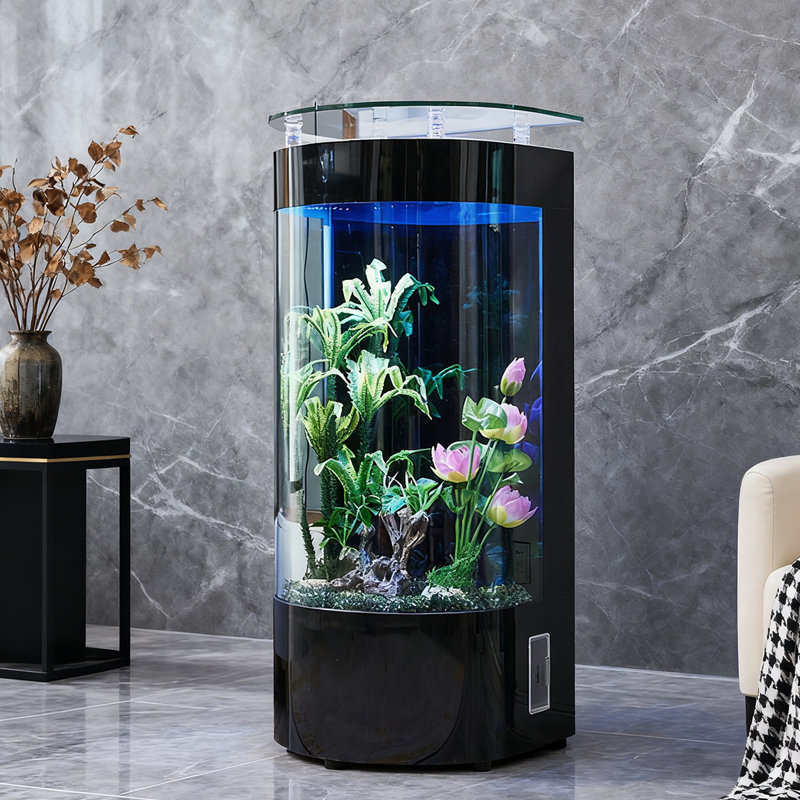 Aquarium semi-circulaire à filtration arrière avec barre supérieure, 46,23 gallons (H 54,33 po x l 35,43 po x P 19,69 p, Noir