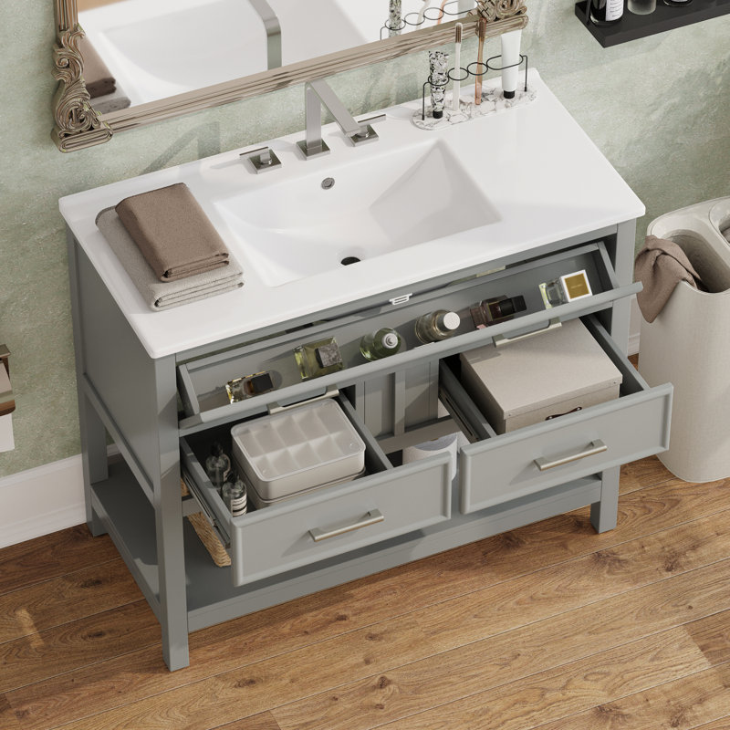 Meuble-lavabo 36 po avec lavabo en céramique et tiroirs de rangement à fermeture douce, Gris