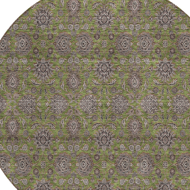 Tapis extérieur rond lavable floral 8 pi vert olive beige et taupe