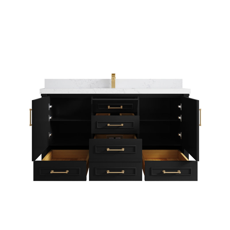 Aberdeen 60'' Single Bathroom Vanity with Quartz Top, Empira White, Black