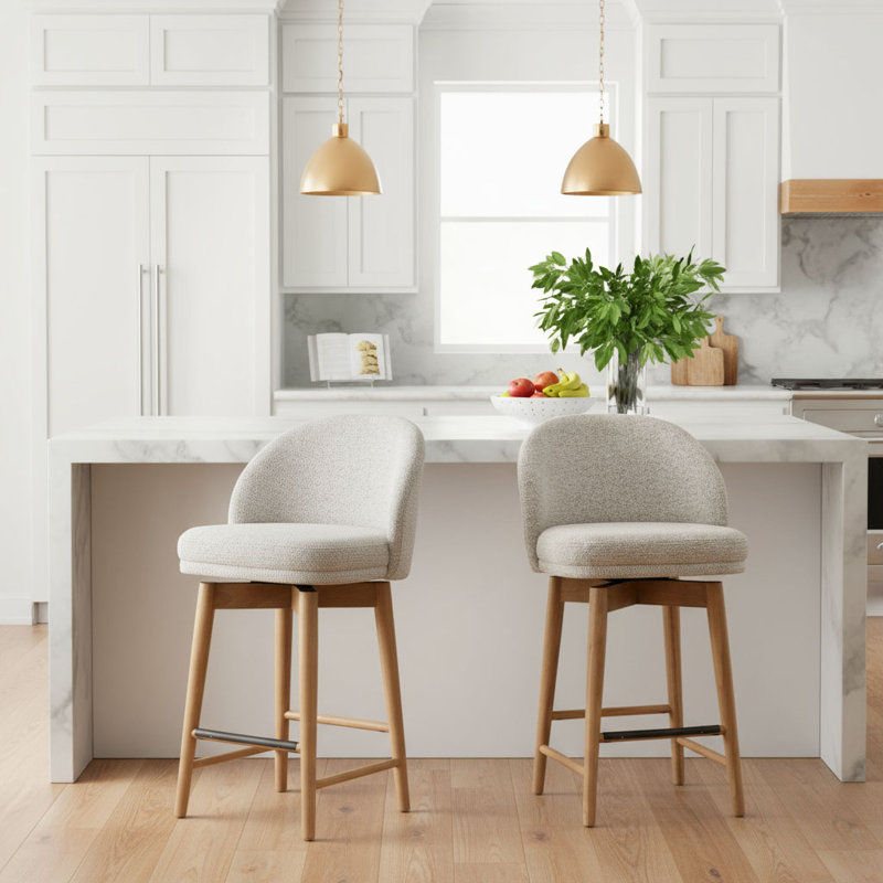 Tabouret de comptoir pivotant 25,5 po avec pieds en bois massif, Siège beige / structure naturelle