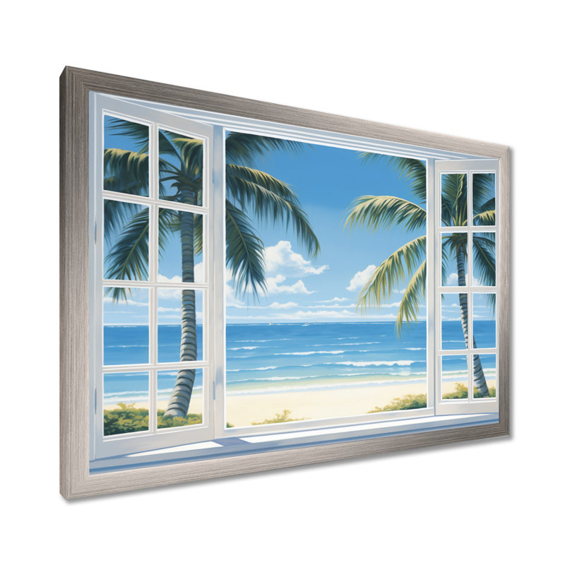 Vue sur l'océan par une fenêtre blanche ouverte I - art sur toile côtier, H 12 po x l 20 po x P 1 po, Cadre photo argenté