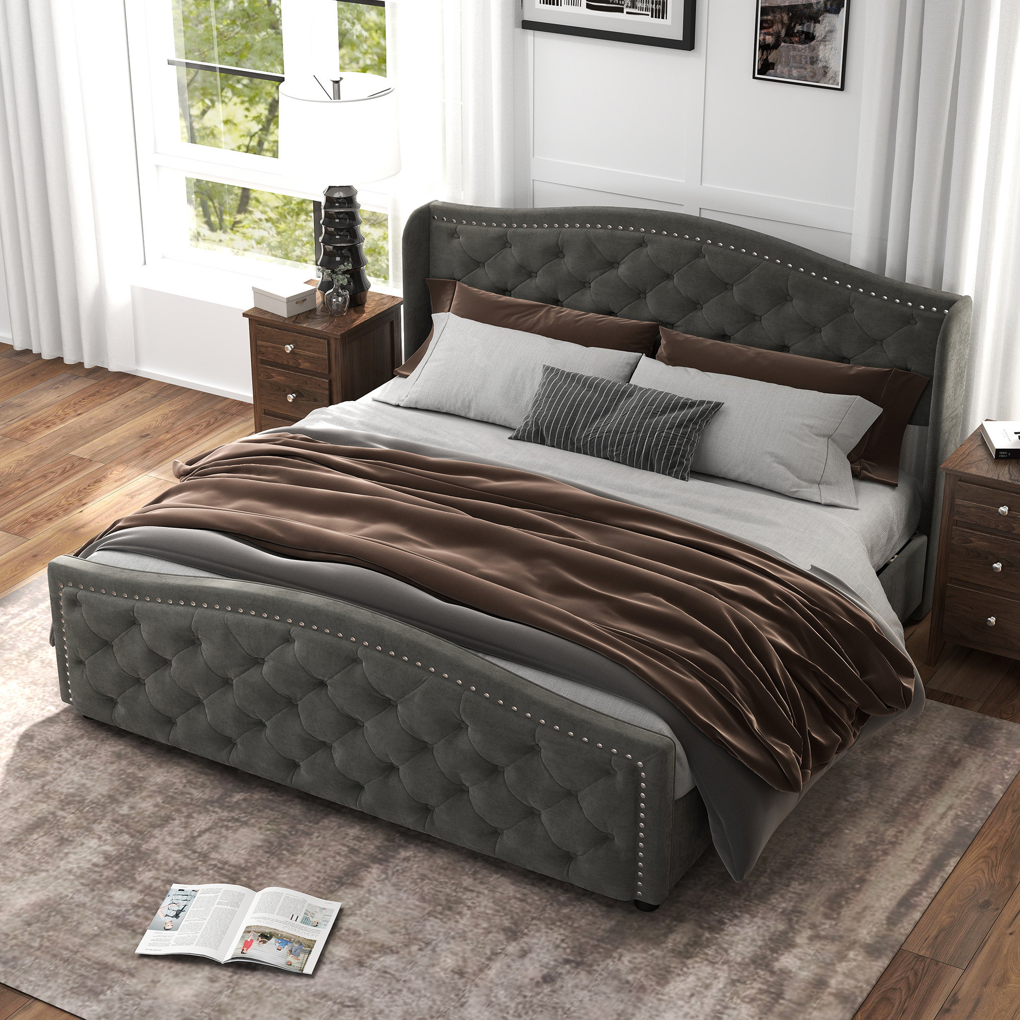 Kassaia Velvet Platform Bed with Tufted Headboard & Drawers