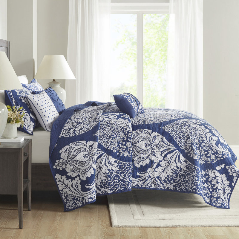 Couette en coton imprimé, indigo, design élégant, surpiqûres, coussins brodés, lavable à la machine, matelassage intégral, coussins