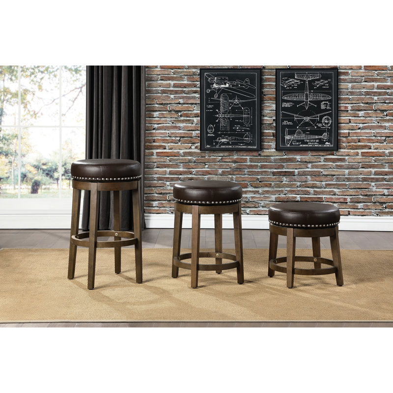 De 2 tabourets pivotants transitionnels en similicuir brun - rotation à 360 degrés, garniture cloutée, structure en bois massif pour la maison, 2 pièces, salle à manger ronde, cuir, structure, H 19,5 po