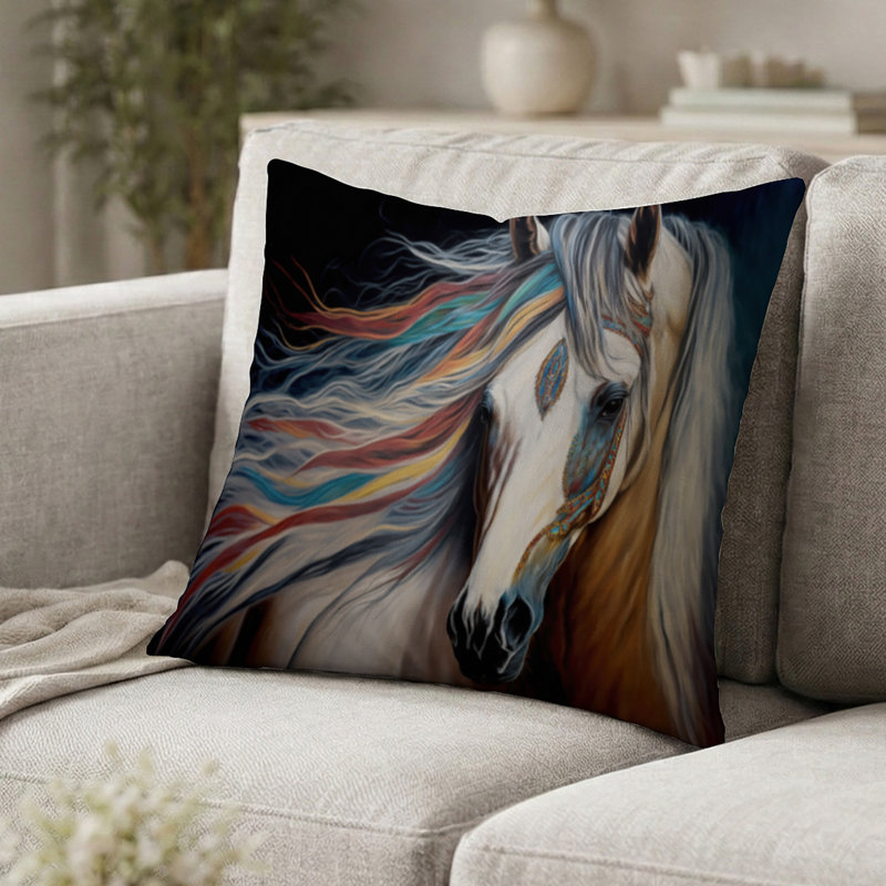 Coussin décoratif pour animaux - Cheval indien à crinière colorée | Coussin imprimé, H 18 po x l 18 po