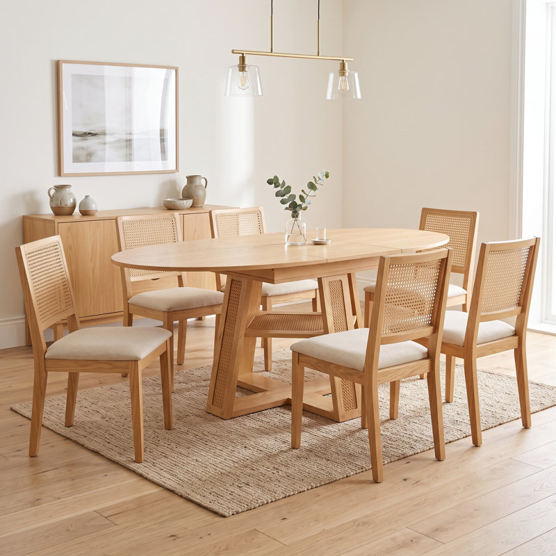 Table de salle à manger extensible ronde à ovale de 150 cm avec rallonge amovible, table de cuisine en bois naturel pour 4 à 6 personnes, accents en rotin