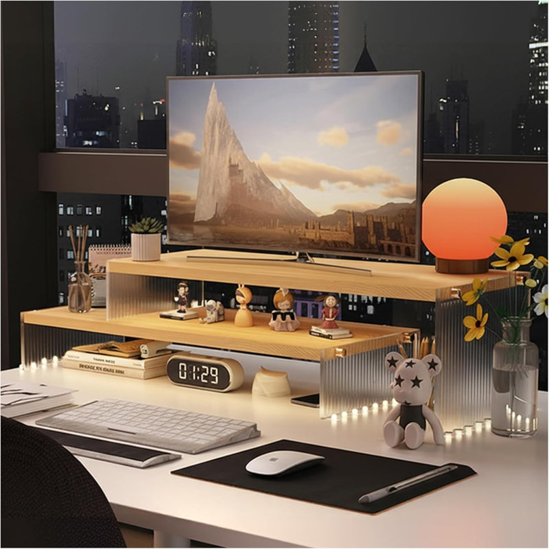 Organisateur de bureau à 2 niveaux pour écran d'ordinateur en bois et acrylique