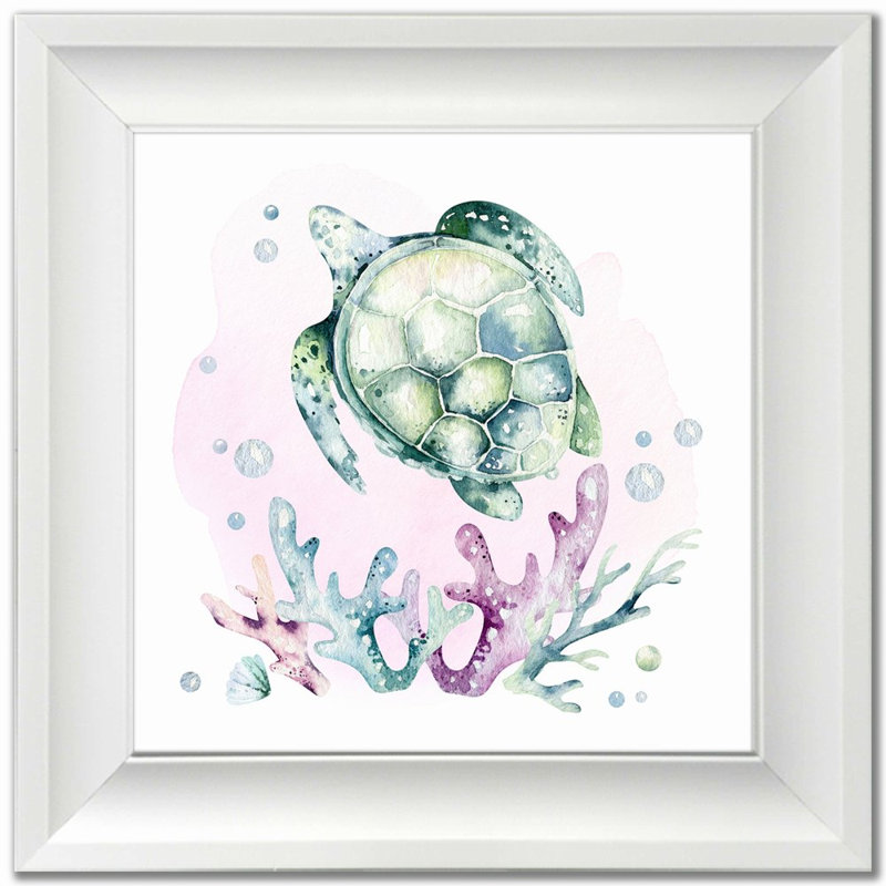 Tortue2, art mural sur toile, Cadre d'angle fermé blanc, H 17,5 po x l 17,5 po