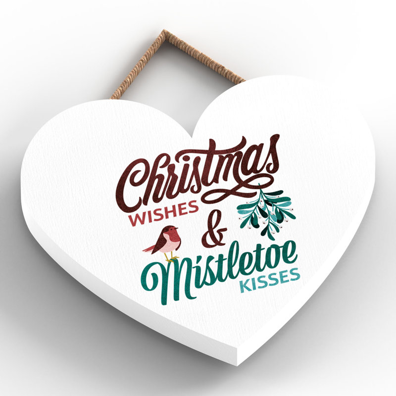 Wishes Kisses Wooden Heart Hanging Plaque, 10cm H x 9cm W x 0.5cm D