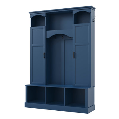 Modern All-In-One Hall Tree With Adjustable Shelves, Classic Arched Farmhouse Storage Bench With Dual Side Cabinets, Elegant Entryway Organizer With 7 Hooks For Mudroom, Hallway, Blue