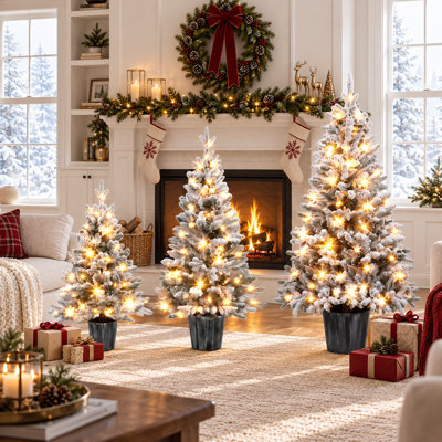 3 Piece Flocked Pre Lit Potted Christmas Tree Set with 300 Warm White LED Lights and 3 Modes, Snow Dusted Artificial Trees in 3, 4 and 5 Feet for Entryway Fireplace Mantel and Tabletop Holiday Decor, White