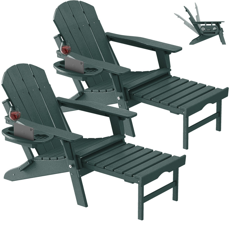 Celese HDPE Folding and Adjustable Adirondack Chair with Ottoman (Set of 2), Dark Dreen
