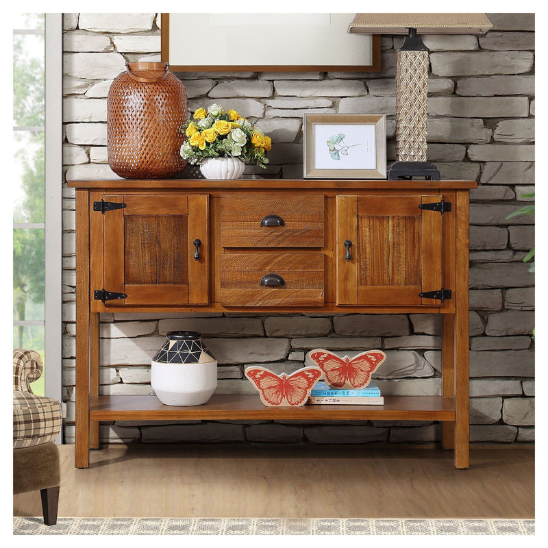 Console 46,5 "en bois de pin massif avec 2 tiroirs et 2 portes d'armoire en brun, 34" H x 50" W x 17.52" D, Brown