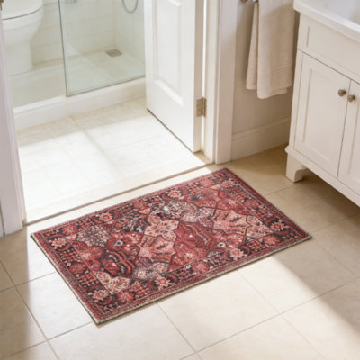 Tapis de bain absorbant 24 po x 36 po - Tapis rouge rétro antidérapant, microfibre douce pour la salle de bain et la cuisine, tapis de sol à séchage rapide pour entrée, porte d'entrée