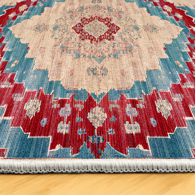 Tapis bleu en polyester à imprimé machine Gulustan, Rond 3 pi 4 po