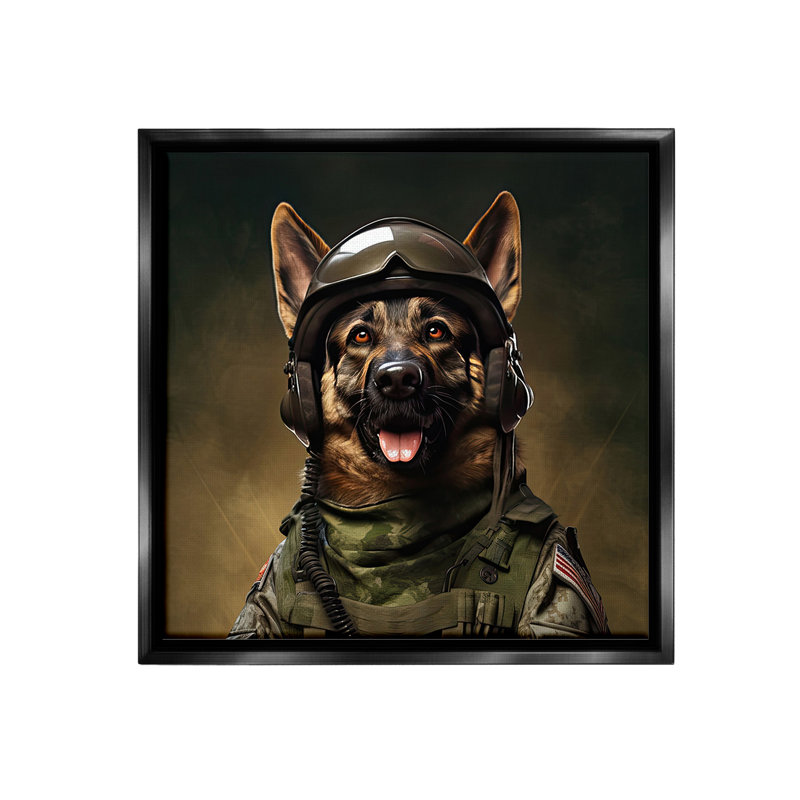 "Berger allemand en uniforme" par Jim Baldwin sur toile, H 25 po x l 25 po, Cadre flottant noir de jais