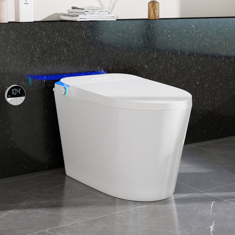 Smart Toilet with Auto Open/Close, Foot Sensor Flush, Heated Seat, Foam Shield, Night Light, LED Display, Remote Control – Touchless Operation,