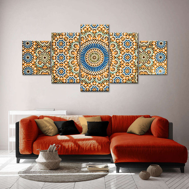 Ensemble de 5 carreaux de céramique marocains abstraits sur toile, H 34 po x l 74 po x P 1,25 po