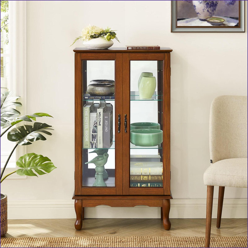 Vitrine lumineuse Cabinets, brun noyer, uni & amp; Bois composite, dossier en miroir, tablettes réglables | Traditionnel | Salon
