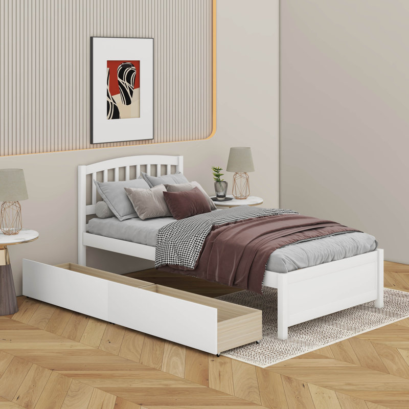 Twin Platform Storage Bed Wood Bed With 2 Drawers And Headboard, White