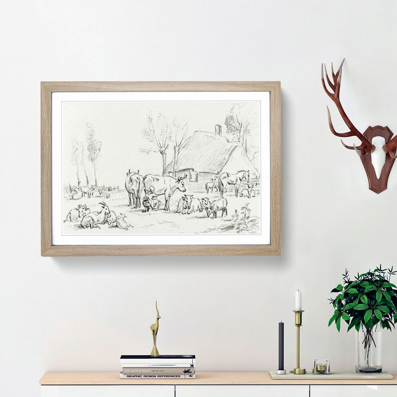 Farm Animals by Jean Bernard - Picture Frame Drawing Print, Oak Framed, 48cm H x 65cm W x 2cm D