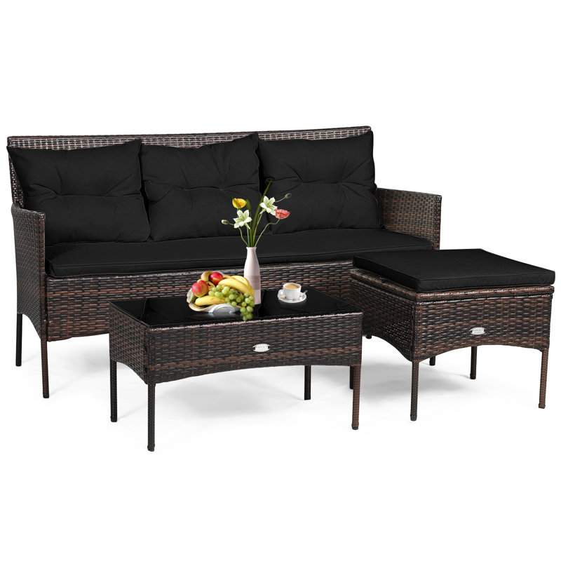 3 PCS Patio Conversation Set Outdoor PE Rattan Furniture Set-Black