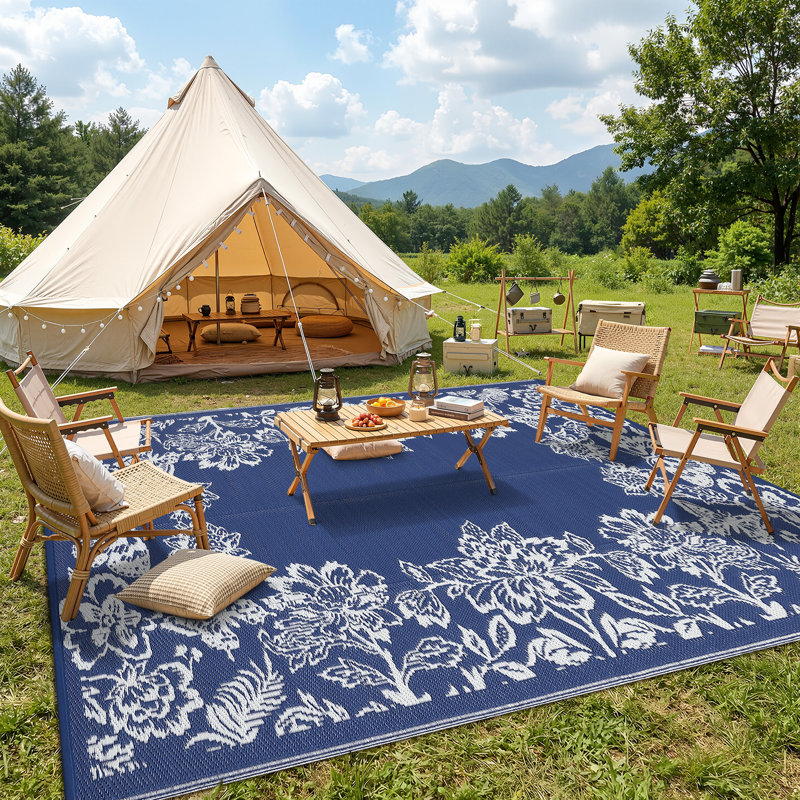9x18 Dark Blue Floral Reversible Outdoor Rug, Waterproof Easy Clean Quick Dry Plastic Straw Carpet, Large Foldable Indoor Outdoor Mat for Camping Picnic Balcony Porch RV