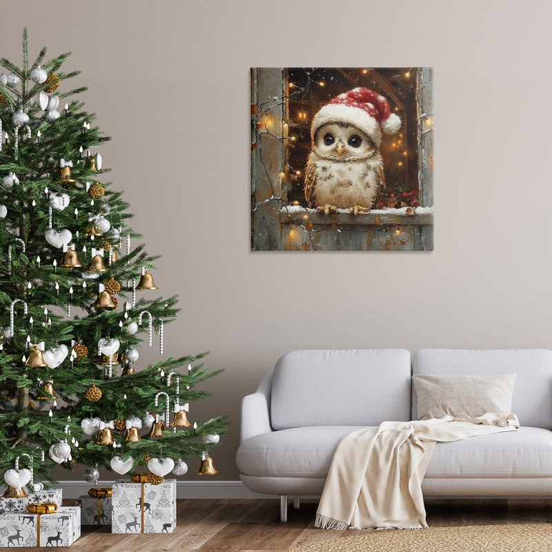Chouette festive avec toile des lumières des Fêtes, design par Riley B, H 36 po x l 36 po