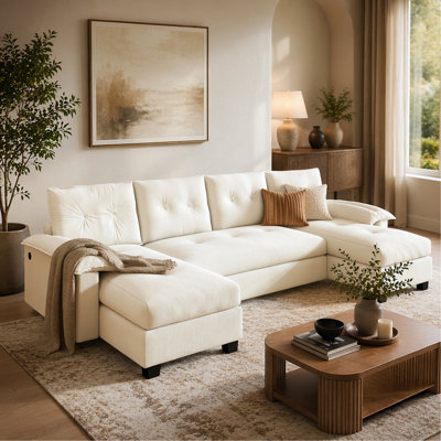 104.7" U-Shaped Sleeper Sofa with Pull Out Bed,2 in 1 Convertible Couch Bed with Removable Armrests & USB Ports,Oversized Sectional Modular with Chaise Lounge for Living Room//Apartment,Beige/white