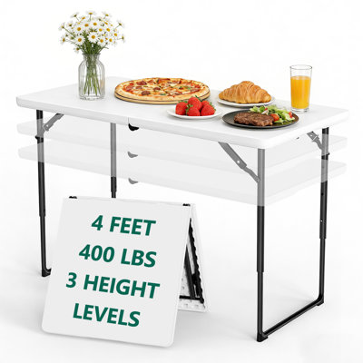 48in  Plastic Folding Table, 400lbs ,Adjustable Height with Handle for Indoor Outdoor Camping Parties